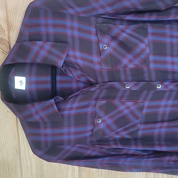 CAbi Medium Blue, Black, and Maroon Plaid Peplum Button Front Shirt - Picture 4 of 7